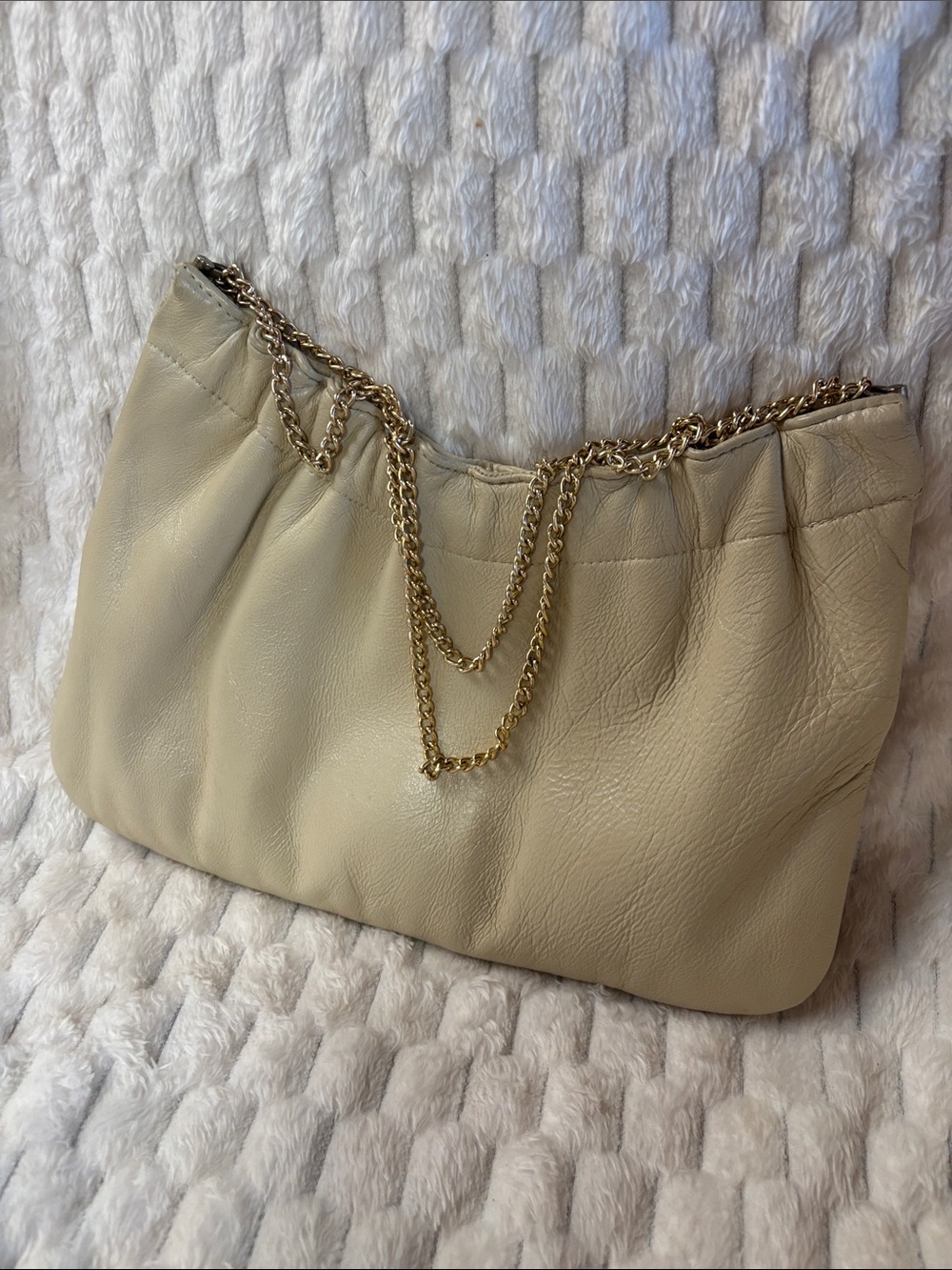 Vintage Cream Leather Clutch Shoulder Bag Gold Chain No Brand - Picture 3 of 6